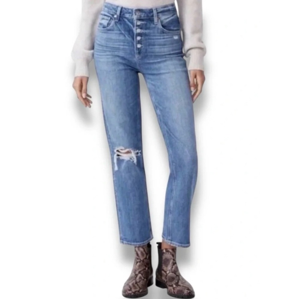 PAIGE Sarah Straight Ankle Jeans High Rise Button Fly Distressed Blue Size 24